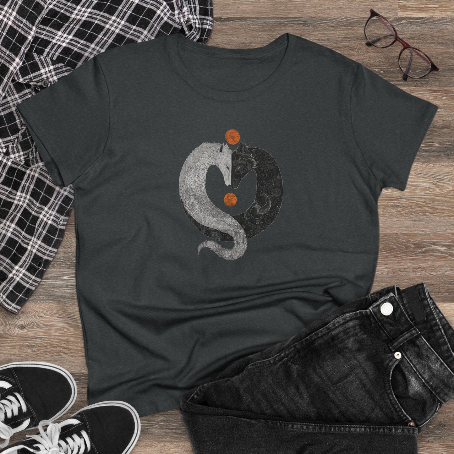 Yin Yang Wolf Art T-Shirt - Two Wolves Graphic Tee