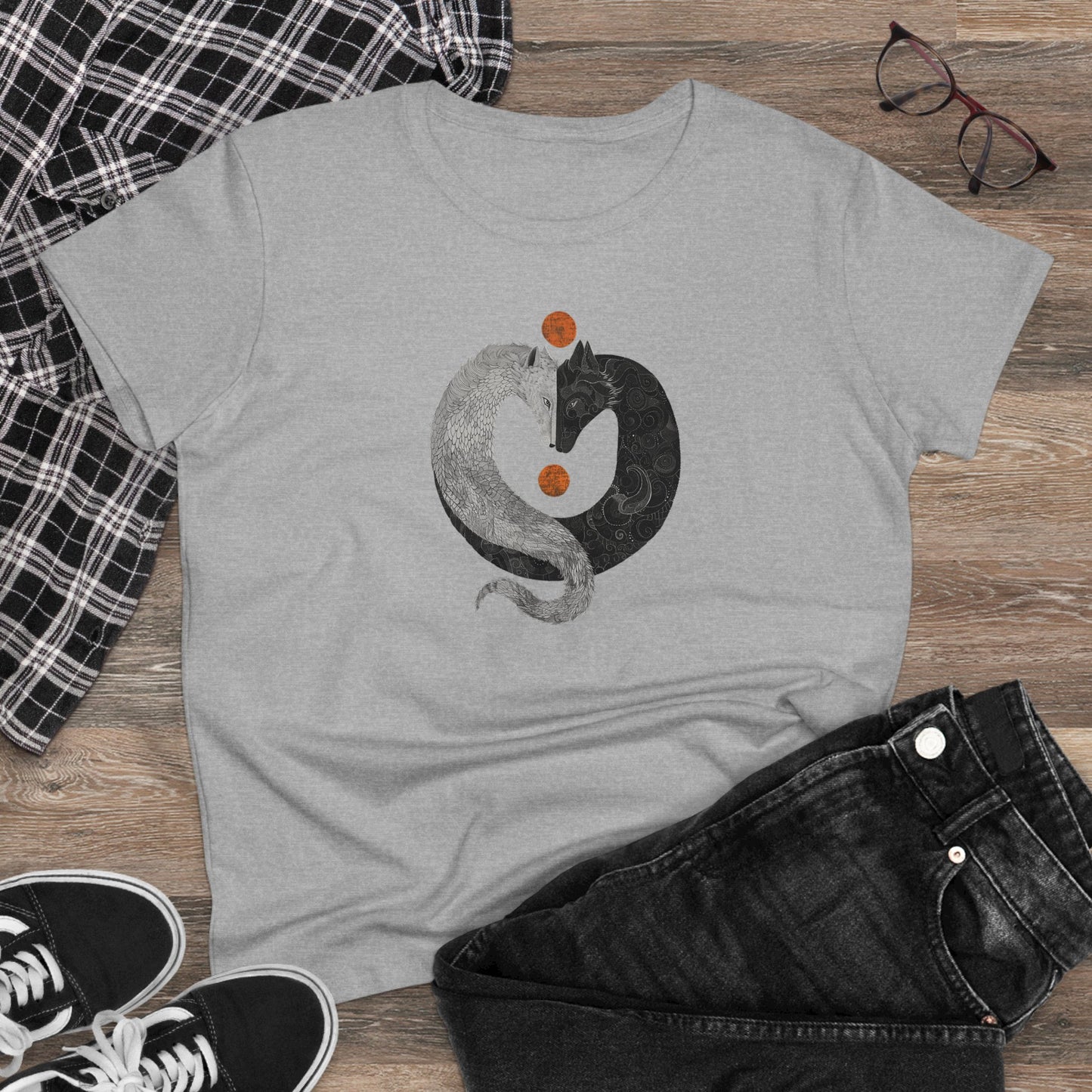 Yin Yang Wolf Art T-Shirt - Two Wolves Graphic Tee